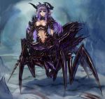  1girl arachnid_(starship_troopers) blue_eyes breasts chikokuma cleavage female frown gauntlets horns insect_girl klendathu large_breasts long_hair looking_at_viewer monster_girl monster_musume navel original payot pointy_ears purple_hair sidelocks solo spider spider_girl spikes starship_troopers teeth 