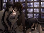 2girls all_fours bare_shoulders bed black_eyes black_hair black_legwear breasts brown_eyes brown_hair building female garter_straps hand_holding holding_hands jewelry key large_breasts long_hair looking_at_viewer lying mouth_hold multiple_girls necklace no_shoes on_back on_bed original pillow short_hair smile thighhighs torigoe_takumi very_long_hair window yuri