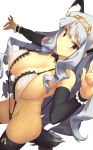 1girl animal_ears big_breasts breasts cleavage collar detached_sleeves dog_ears dog_tail erect_nipples female groin hands highres huge_breasts idolmaster long_hair looking_at_viewer mound_of_venus pink_eyes red_eyes shijou_takane silver_hair sling_bikini smile solo source_request swimsuit tail thighhighs tiara very_long_hair wet white_hair yn_red
