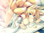  1girl all_fours animal_ears big_breasts blonde_hair blue_eyes blush bottomless breasts covering female fox_ears fox_girl fox_tail hair inari kitsune large_breasts long_hair monster_girl multiple_tails nipples sex tail tateha_(artist) 