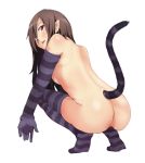  1girl ass back bad_id blush brown_hair copyright_request crouch elbow_gloves feet female gloves long_hair looking_back mineji pointy_ears red_eyes simple_background solo squat squatting striped striped_legwear striped_thighhighs tail thighhighs white_background 
