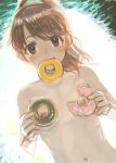 1girl bad_id brown_hair bust doughnut dutch_angle female flat_chest food idolmaster idolmaster_cinderella_girls kaqo looking_at_viewer mouth_hold navel nipples nude out-of-frame_censoring ponytail purple_eyes shiina_noriko solo topless upper_body