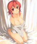  1girl bare_shoulders barefoot blush bottomless breast_squeeze breasts cleavage female highres kneeling kusanagi_tonbo naked_sweater no_bra no_pants original red_eyes red_hair solo sweater 
