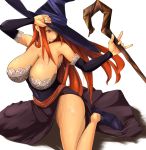  1girl bare_shoulders breasts brown_eyes brown_hair cleavage curvy detached_sleeves dragon&#039;s_crown dragon's_crown dress hat hawoku_ishibare huge_breasts legs long_hair on_ground orange_hair simple_background sitting solo sorceress sorceress_(dragon&#039;s_crown) sorceress_(dragon's_crown) spread_legs staff strapless_dress vanillaware weapon white_background witch witch_hat 