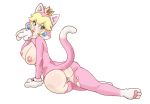 1girl blonde_hair blue_eyes breasts catsuit crown female licking mario_bros nintendo pink_catsuit princess princess_peach pussy royalty solo tongue tongue_out torn_catsuit torn_suit video_games