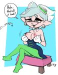  1girl areola clothed clothing clothing_pull cum dress ejaculation english_text gloves handwear icy_(artist) inkling iseenudepeople marie_(splatoon) medium_breasts naughty_face nintendo nipples presenting presenting_breasts sitting smile speech_bubble splatoon splatoon_(series) text unseen_character 
