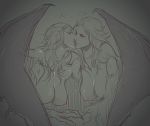  2girls blood breasts demon_girl dragon's_dogma female french_kiss kiss monochrome multiple_girls nipples red_eyes succubus wings wolfina yuri 