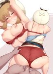  1boy 1girl atelier_(series) atelier_ryza big_breasts brown_hair clothed_sex doggy_position high_resolution kimoshi nipples red_bra red_shorts reisalin_stout shiny_skin short_shorts shorts_aside taken_from_behind torn_clothes uncensored underwear vaginal vaginal_sex 