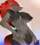  1_female 1girl anthro belly breasts chest_tuft female female_anthro fur furry green_eyes hair long_hair midriff navel nude pokemon pose red_hair simple_background sindoll smile solo standing zoroark 