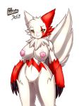  1_anthro 1_female 1_female_anthro 1girl anthro belly blush breasts claws female female_anthro female_only fur furry inverted_nipples midriff mnxenx001 navel nude pokemon puffy_nipples pussy slit_pupils solo standing two_tone_fur wide_hips yellow_eyes zangoose 