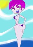  1girl ass beach bikini lipstick looking_back mole pink_hair smile thong wide_hips 