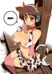  1girl :o animal_ears areola_slip areolae bad_id bell bell_collar blush breast_slip breasts brown_eyes brown_hair chain chained chains collar cow_bell cow_ears cow_girl cow_horns cow_print cow_tail elbow_gloves female gloves headset horns idolmaster idolmaster_cinderella_girls kusanagi_tonbo large_breasts looking_at_viewer nipples oikawa_shizuku one_breast_out open_mouth pink_legwear short_hair sitting skirt solo speech_bubble tail thighhighs 