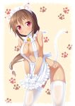  1girl :o animal_ears apron apron_tug bell bell_collar blush bow breasts brown_hair cat_ears cat_tail cleavage collar dark_skin gloves hair hair_bow ichi_makoto lace lace-trimmed_thighhighs long_hair looking_at_viewer low_ponytail maid_headdress maou_no_shimobe_ga_arawareta! naked_apron nearly_naked_apron nekomimi open_mouth original panties parted_lips paw_print pokemon purple_eyes red_eyes side-tie_panties skindentation solo string_panties sweatdrop tail tareme thighhighs underwear white_gloves white_legwear white_panties 