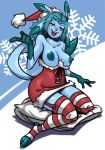  big_breasts bittenhard blue_hair breasts corset glaceon hair hat pillow pokemon pokã©mon red_dress santa_outfit sitting striped_stockings 