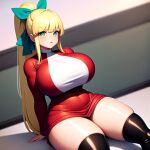  1girl aged_up ai_generated alternate_body_type alternate_breast_size big_breasts black_thighhighs blonde_hair boots capcom curvaceous curves curvy_body curvy_female curvy_hips dress_shirt eyes female_focus female_only gigantic_breasts green_eyes green_hair_bow hair_tied hourglass_figure huge_breasts light-skinned_female light_skin mega_man mega_man_(classic) roll roll_(megaman) sitting sitting_down thick_thighs thighs thunder_thighs voluptuous voluptuous_female wide_hips 