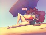  beach beach_umbrella big_breasts bigdad bikini cartoon_network cleavage curly_hair eyes_covered face_covered huge_breasts necklace powerpuff_girls red_hair red_outfit redhead sara_bellum tall_female thick_ass tight_clothing wasp_waist 