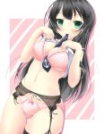 1girl agano_(kantai_collection) akairo_no_mako belly between_breasts big_breasts black_hair blush bow bow_bra bow_panties bra breasts cleavage garter_belt garter_straps green_eyes hair highres kantai_collection long_hair looking_at_viewer midriff mouth_hold navel necktie necktie_between_breasts panties personification pink_bra pink_panties school_uniform shirt_lift smile solo striped striped_bra striped_panties underwear underwear_only