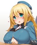  1boy 1girl :o atago_(cruiser) atago_(kantai_collection) bad_id blonde_hair blue_eyes blush breast_squeeze breasts center_opening character_request covered_nipples cum cum_on_body cum_on_breasts cum_on_clothes cum_on_upper_body erect_nipples female gloves hat heart hetero highres huge_breasts kantai_collection large_breasts long_hair military military_uniform nekoume nipples open_mouth paizuri paizuri_under_clothes penis penis_under_clothes personification solo_focus uncensored uniform 
