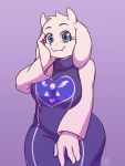 1_girl 1girl 2020s 2023 anthro anthro_only blue_eyes boss_monster breasts caprine cute deathzera delta_rune_(emblem) deltarune digital_media_(artwork) female female_anthro female_only floppy_ears furry furry_female furry_only goat goat_ears goat_horns gradient_background hand_on_face hand_on_own_cheek high_res horns humanoid long_ears looking_at_viewer mammal monster monster_girl overweight purple_background simple_background slightly_chubby smile solo solo_anthro solo_female toriel undertale undertale_(series) white_fur