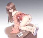  1girl all_fours anal anal_insertion anal_object_insertion ass blush bottomless brown_eyes brown_hair clenched_teeth clog_sandals egg egg_laying feet female gradient gradient_background japanese_clothes kimono kuro_(kuronell) long_hair looking_back obi object_insertion off_shoulder open_mouth original parted_lips prolapse pussy_juice pussy_juice_puddle sash simple_background sleeves_past_wrists solo tears teeth translated vibrator wide_sleeves wooden_floor yukata 