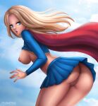  1girl artist_logo ass big_breasts blonde_hair blue_eyes blue_skirt breasts cape comic_book_character costume curvy_body curvy_female curvy_figure daytime dc_comics deviantart_username erect_nipples female_only flowerxl heroine kara_danvers kara_zor-el kryptonian large_ass light-skinned_female light_skin logo long_hair medium_breasts nipples no_panties nude pink_lipstick pussy red_cape scared scared_expression shirt_up side_view skirt sky sleeves straight_hair supergirl supergirl_(series) superheroine superman_(series) teen thick_thighs 