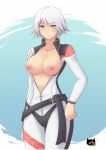 1girl a-y-b bodysuit breasts breasts_outside christie_(doa) dead_or_alive female highres large_breasts nipples no_bra solo standing unzipped white_hair