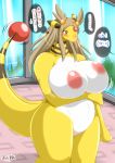  ampharos anthro areola big_breasts big_thighs blush bouncing_breasts breasts brown_hair chubby cleavage embarrassed female hair holding_breasts huge_breasts japanese_text jasmine nipples pokemon pokemorph pussy solo text thick_thighs translation_request voluptuous wide_hips ymbk 