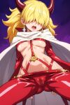  ai_generated blonde_hair breasts cameltoe cape female_focus horns latex_suit one_piece open_mouth sadi-chan 