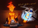 2010s 2015 2boys 2d 2d_(artwork) animated_skeleton artist_logo blue_eye blue_tongue clothed/nude clothed_male digital_media_(artwork) dominant dominant_male duo ectotongue english_text fellatio fire_elemental glowing glowing_eye grillby grillby_(undertale) grillsans leash leash_pull licking_penis male/male male_only maledom malesub monster mouth_forced_open mouth_gag multiple_tongues nude nude_male orange_body orange_penis penis penis_in_front_of_face sans sans_(undertale) sitting_on_another skeleton straddling submissive submissive_male talking_to_another talking_to_partner text thesinshrine third-party_source tumblr_username undead undertale undertale_(series) video_games yaoi