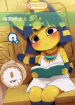 1girl animal_crossing ankha_(animal_crossing) anthro blue_hair blush book clock clothed clothing dagasi digital_media_(artwork) disembodied_hand domestic_cat dress duo english_text felid feline felis first_person_view fur hair high_res holding_book holding_object japanese_text kemono mammal markings nintendo question_mark ring_(marking) ringtail sitting solo_focus stopwatch tail tail_markings text time_stop translated watch yellow_body yellow_fur