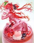 ass back blueberry breasts chikokuma cup drink dripping female finger_to_mouth food food_as_clothes from_behind fruit glass goo_girl hair_ornament highres ice ice_cube in_container leaning_forward liquid_hair long_hair looking_at_viewer looking_back monster_girl nude original pink_skin red_eyes red_hair sideboob solo strawberry thighhighs twintails two_side_up whipped_cream
