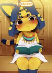 1girl 1girl animal_crossing ankha_(animal_crossing) anthro blue_hair blush book clothed clothing dagasi digital_media_(artwork) domestic_cat dress english_text felid feline felis front_view fur hair high_res holding_book holding_object kemono looking_at_viewer mammal markings nintendo ring_(marking) ringtail sitting tail tail_markings text time_stop yellow_body yellow_fur