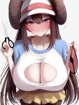 1girl blue_eyes breasts brown_hair cleavage cleavage_cutout clothed game_freak hat huge_breasts light-skinned_female light_skin long_hair metae naughty_face nintendo pokemon pokemon_bw2 rosa_(pokemon) smile twin_buns twin_tails 