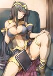 1girl alluring big_breasts black_hair blue_eyes book breasts cape cleavage clothed convenient_censoring couch detached_sleeves fire_emblem fire_emblem_awakening hand_on_knee indoors leotard long_hair looking_at_viewer navel nintendo pose shinon_(tokage_shuryou) sitting smile sofa spread_legs tharja tharja_(fire_emblem) tiara