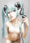 1girl aqua_hair arm_behind_back bent_over blue_eyes breasts cyborg_(designation) female flat_chested green_hair grey_background hatsune_miku lips long_hair metal_akira_(artist) microphone miku_hatsune navel nipples nude robot_joints simple_background small_breasts solo twin_tails vocaloid