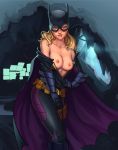  1girl batcave batgirl batman_(series) belt blonde_hair blue_eyes bodysuit breasts cape cave collarbone computer cowl dc dc_comics female female_only full-length_zipper lips mask nipples no_bra off_shoulder saneperson smile solo stephanie_brown thigh_pouch undressing unzipping utility_belt zipper 
