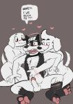 &lt;3_eyes 1_girl 1girl 2boys 2d 2d_(artwork) anthro anthro_on_anthro anthro_only blush bottomless canid canine canis clothed clothing collar digital_media_(artwork) dog dog_boy dog_girl dogamy dogaressa doggo_(undertale) domestic_dog erection female_anthro fur furry furry_only genitals group heart hickeybickeyboo high_res humanoid_genitalia humanoid_penis male male/female male/male male/male/female male_anthro mammal mmf nude nude_female nude_male penis petting shirt surprised_expression tank_top text topwear trio undertale undertale_(series) video_game_character video_games white_body white_fur