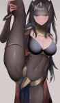  1girl 1girl 1girl alluring bangs black_hair blush bodysuit bracelet breasts cape cleavage commentary_request covered_navel female_only fingernails fire_emblem fire_emblem_awakening gold_trim grey_background high_res jewelry kataku_musou leg_lift loincloth long_hair looking_at_viewer medium_breasts nail_polish nintendo parted_lips pelvic_curtain shiny shiny_hair simple_background split standing standing_on_one_leg tharja tharja_(fire_emblem) thigh_strap tiara turtleneck 