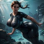  1girl 1girl ai_generated big_ass big_breasts brown_hair crystal_dynamics dat_ass jungle lara_croft solo_female stable_diffusion sweat swimming thick_thighs tomb_raider underwater vilacrym water 