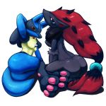  amanekomee ass blue_eyes breasts couple female hindpaw looking_at_viewer lucario lying pawpads paws plain_background pokemon pokemorph red_eyes tongue tongue_out zoroark 