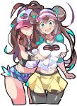 1girl 2_girls angry big_breasts breast_envy breasts creatures_(company) denim_shorts enpe eyes_covered female_only fully_clothed game_freak groping_breasts groping_from_behind hat hilda_(pokemon) midriff nintendo pantyhose pokemon rosa_(pokemon) shirt shorts skirt veins vest visor wristband yuri