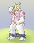1_boy 1boy anthro anthro_only asgore_dreemurr balls barefoot blueballs_(artist) blush boss_monster caprine clothing embarrassed english_text facial_hair flaccid front_view furry furry_only goat goat_horns hand_behind_head hawaiian_shirt horn horns male male_anthro male_only mammal musclegut pants pants_around_ankles pants_around_legs pants_down pants_pulled_down penis solo solo_anthro solo_male standing tail tail_tuft text uncut undertale undertale_(series) white_fur