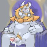 1boy 2010s 2015 2d 2d_(artwork) anthro anthro_only asgore_dreemurr balls blush boss_monster cape cape_only caprine crown digital_media_(artwork) dilf embarrassed furry furry_only genitals goat grey_background humanoid_penis king loverslessthanthree male male_anthro male_only mammal penis pubes simple_background sitting sitting_on_throne solo_anthro solo_male throne undertale undertale_(series) video_game_character video_game_franchise video_games white_fur