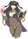  1girl 1girl alluring black_hair bodystocking book breasts cape cleavage crimeglass fire_emblem fire_emblem_awakening high_res holding holding_book holding_object loincloth milf navel nintendo simple_background smile source_request tharja tharja_(fire_emblem) upscaled white_background x-teal 