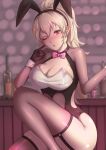 1girl 1girl alluring alternate_costume bare_thighs big_breasts big_breasts blonde_female blush bodystocking bunny_ears bunny_girl bunnysuit cleavage corrin_(fire_emblem) corrin_(fire_emblem)_(female) finger_to_face fire_emblem fire_emblem_fates garter_straps gloves jtaka long_hair looking_at_viewer nintendo one_eye_closed pointy_ears ponytail red_eyes seductive solo_female stockings wink