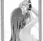  artist_request big_breasts blushing bound_wrists character_request copyright_request long_hair looking_away monochrome sideboob 