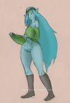  1girl adventure_time blue_hair blue_skin boots canyon canyon_(adventure_time) dress dress_lift female_only full_body green_eyes long_hair looking_down moon no_panties pointy_ears pubic_hair pussy smile solo solo_female weasselk 