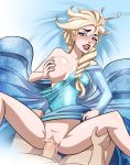  1boy 1girl blonde_hair blush braid clothed_female_nude_male disney dress dress_lift elsa elsa_(frozen) exposed_breast female frozen_(movie) hairless_pussy hand_on_breast hand_on_own_breast male male/female no_panties penis_in_pussy sex spread_legs vaginal vaginal_penetration vaginal_sex 
