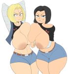1boy 1girl android_17 android_18 big_breasts black_hair blonde_hair blue_eyes bob_cut breast_press breasts child_bearing_hips cleavage detnox dragon_ball dragon_ball_super dragon_ball_z female_android_17 femboy genderswap huge_breasts male male_with_breasts naughty_face nipples red_ribbon seductive seductive_smile short_hair shorts thick_thighs twins voluptuous white_background wide_hips