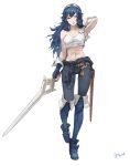 1girl abs alluring arm_up armpits athletic_female bangs belt blue_eyes blue_footwear blue_gloves blue_hair brown_belt closed_mouth crop_top falchion_(fire_emblem) female_abs female_only fingerless_gloves fire_emblem fire_emblem_awakening fit_female full_body gloves gluteal_fold high_res holding holding_sword holding_weapon long_hair lucina lucina_(fire_emblem) midriff nintendo one_eye_closed ozkh ozkh6 pink_lips scabbard signature smile standing stomach sweat sword tank_top tiara tied_sweater towel weapon white_background white_towel wrist_cuffs